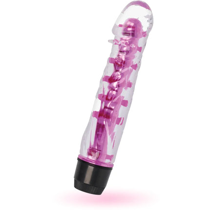 Transparent rosa und schwarze glossylenny vibrator mit sichtbaren mechanischen komponenten im innenbereich
