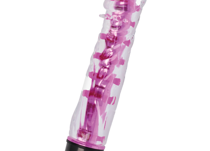 Transparenter rosa und schwarzer glossy lenny vibrator mit sichtbaren mechanischen komponenten