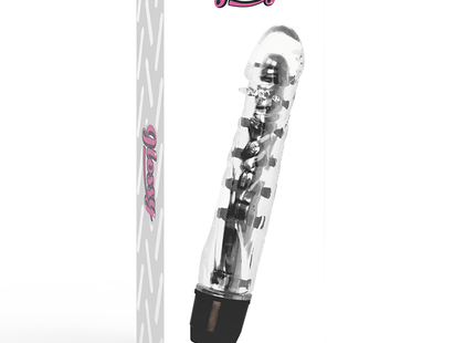 Glossy lenny vibrator schwarz mit klarem kunststoffgehäuse, schwarzen akzenten und sichtbaren mechanischen komponenten