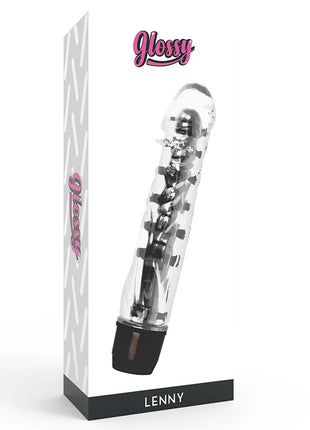 Glossy lenny vibrator schwarz mit klarem kunststoffgehäuse, schwarzen akzenten und sichtbaren mechanischen komponenten