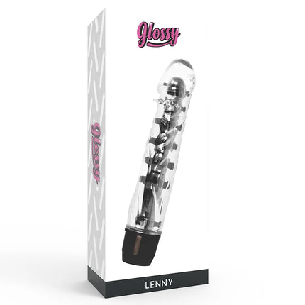 Glossy lenny vibrator schwarz mit klarem kunststoffgehäuse, schwarzen akzenten und sichtbaren mechanischen komponenten