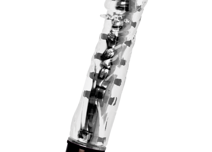 Glossy lenny vibrator schwarz aus klarem plastik mit schwarzer basis und sichtbaren metallischen komponenten