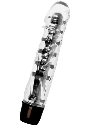 Glossy lenny vibrator schwarz aus klarem plastik mit schwarzer basis und sichtbaren metallischen komponenten