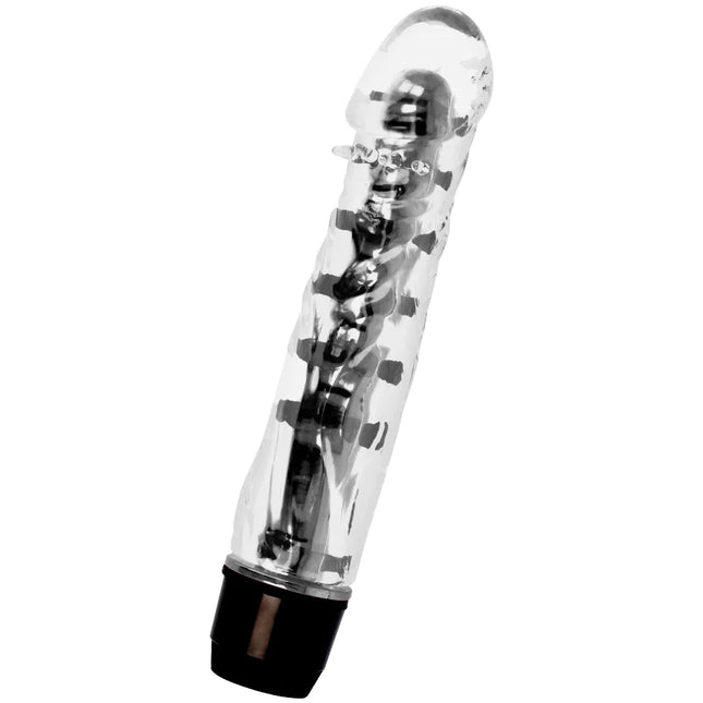 Glossy lenny vibrator schwarz aus klarem plastik mit schwarzer basis und sichtbaren metallischen komponenten