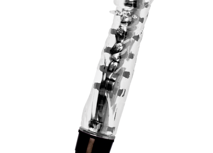 Glossy lenny vibrator schwarz aus klarem kunststoff mit schwarzer basis und sichtbaren metallischen komponenten