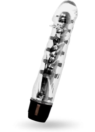 Glossy lenny vibrator schwarz aus klarem kunststoff mit schwarzer basis und sichtbaren metallischen komponenten