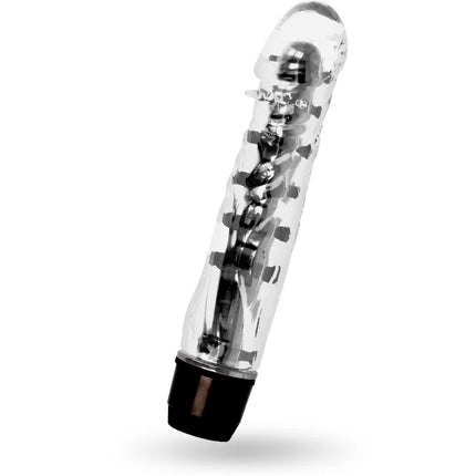 Glossy lenny vibrator schwarz aus klarem kunststoff mit schwarzer basis und sichtbaren metallischen komponenten