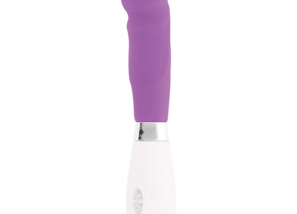 Lila silikongriff vibrator mit weißer basis und silbernem akzentring glossypaul vibrator lila