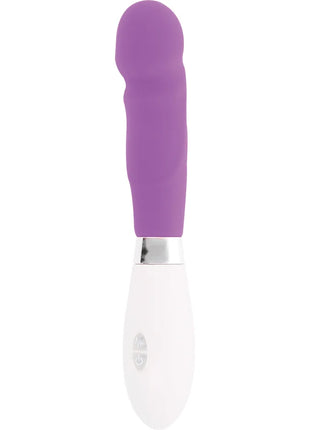 Lila silikongriff vibrator mit weißer basis und silbernem akzentring glossypaul vibrator lila