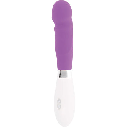 Lila silikongriff vibrator mit weißer basis und silbernem akzentring glossypaul vibrator lila
