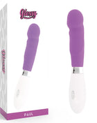 Glänzender paul vibrator lila in purpur und weiß mit glatter ergonomischer form aus hochwertigem material