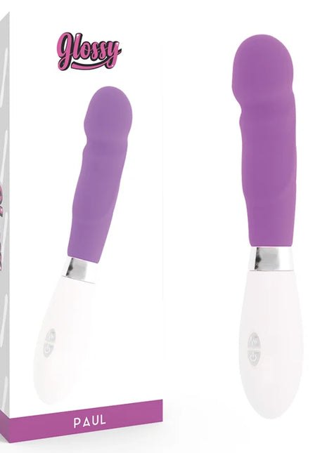 Glänzender paul vibrator lila in purpur und weiß mit glatter ergonomischer form aus hochwertigem material