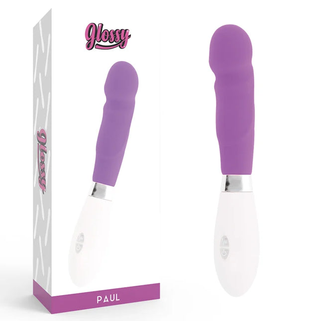 Glänzender paul vibrator lila in purpur und weiß mit glatter ergonomischer form aus hochwertigem material