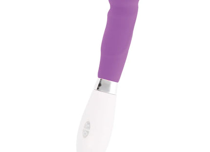 Purple und weiße silikon vibratowand mit silbernem metallring im produkt glossy paul vibrator lila
