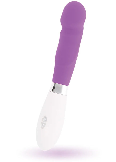 Purple und weiße silikon vibratowand mit silbernem metallring im produkt glossy paul vibrator lila