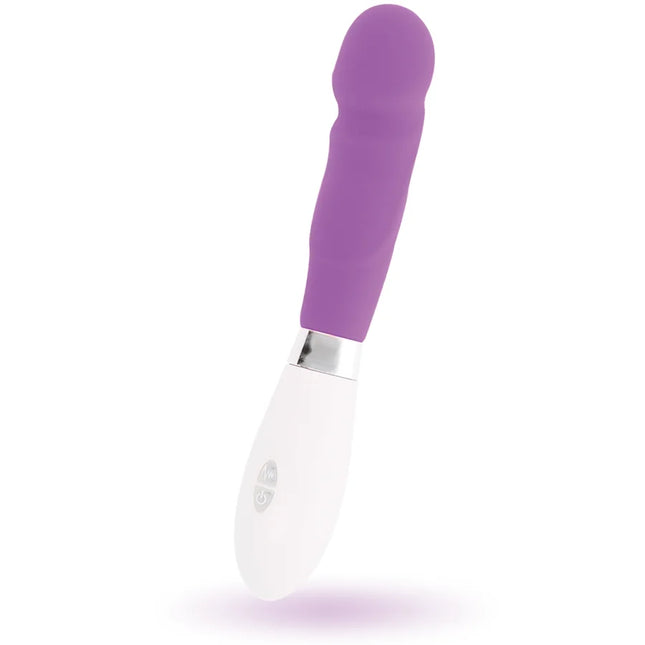 Purple und weiße silikon vibratowand mit silbernem metallring im produkt glossy paul vibrator lila