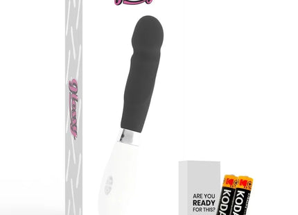 Glänzender schwarz weißer paul vibrator mit ergonomischem design und griffiger struktur für komfortable anwendung
