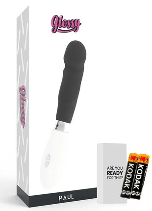 Glänzender schwarz weißer paul vibrator mit ergonomischem design und griffiger struktur für komfortable anwendung