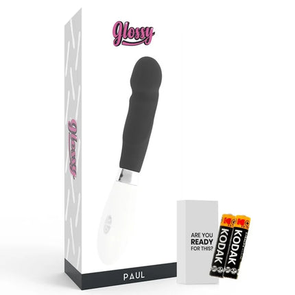Glänzender schwarz weißer paul vibrator mit ergonomischem design und griffiger struktur für komfortable anwendung