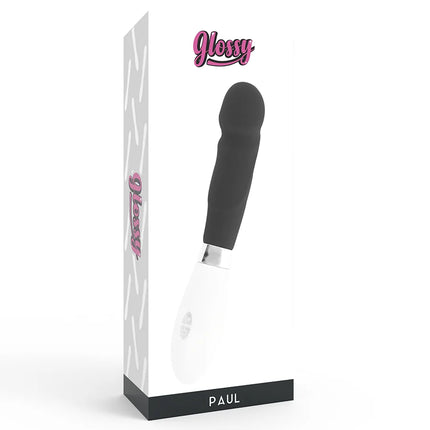 Schwarzer und weißer silikongriff vibrator mit silberner metallbasis von glossy by paul mit vibrationsfunktion