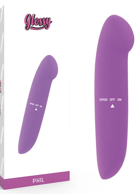 Glossy phil vibrator lila mit glattem, geschwungenem design und taktilen steuerungstasten aus glänzendem material