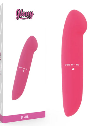 Glänzender rosa phil vibrator aus hochwertigem material mit glattem design und bedienfeld mit open off on funktion