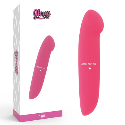 Glänzender rosa phil vibrator aus hochwertigem material mit glattem design und bedienfeld mit open off on funktion