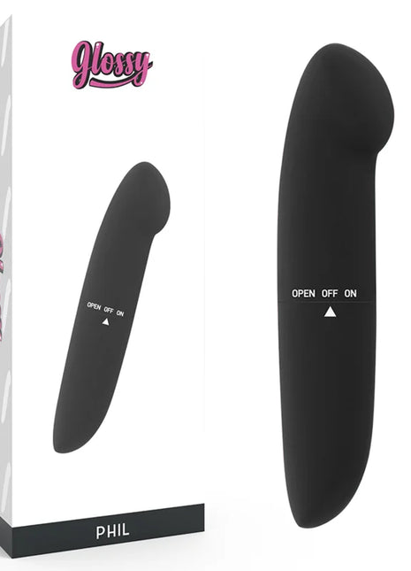 Schwarzer phil vibrator von glossy aus glänzendem material für intime anwendung