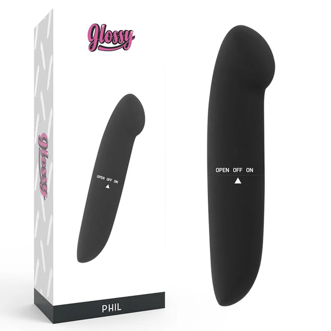 Schwarzer phil vibrator von glossy aus glänzendem material für intime anwendung