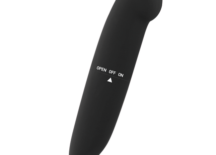 Glossy phil vibrator schwarz aus schwarzem silikon mit off on taste und dreiecksanzeige