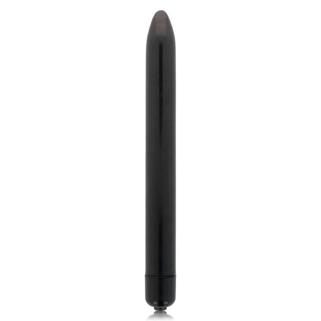 Glossy schlanker vibrator schwarz mit glatter, glänzender oberfläche und abgerundetem spitzkopf aus schwarzem material