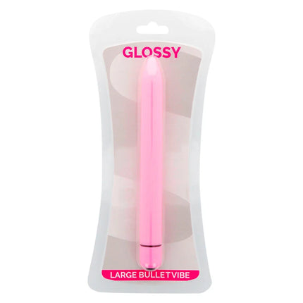 Glossy slim rosa vibrationsstab groß pink glänzend in transparenter plastikverpackung