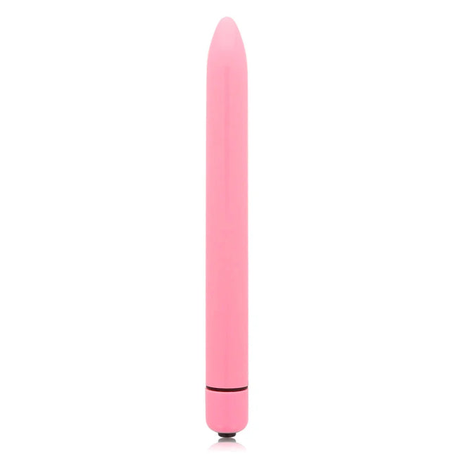 Pink silikon vibrator glossy slim mit glatter, konischer form und abgerundetem boden