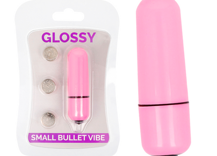 Glänzender kleiner bullet-vibrator aus rosa plastik mit schwarzem akzentband und basis im deep rose design