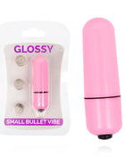 Glänzender kleiner bullet-vibrator aus rosa plastik mit schwarzem akzentband und basis im deep rose design