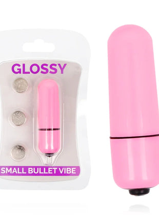Glänzender kleiner bullet-vibrator aus rosa plastik mit schwarzem akzentband und basis im deep rose design