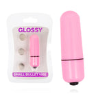 Glänzender kleiner bullet-vibrator aus rosa plastik mit schwarzem akzentband und basis im deep rose design