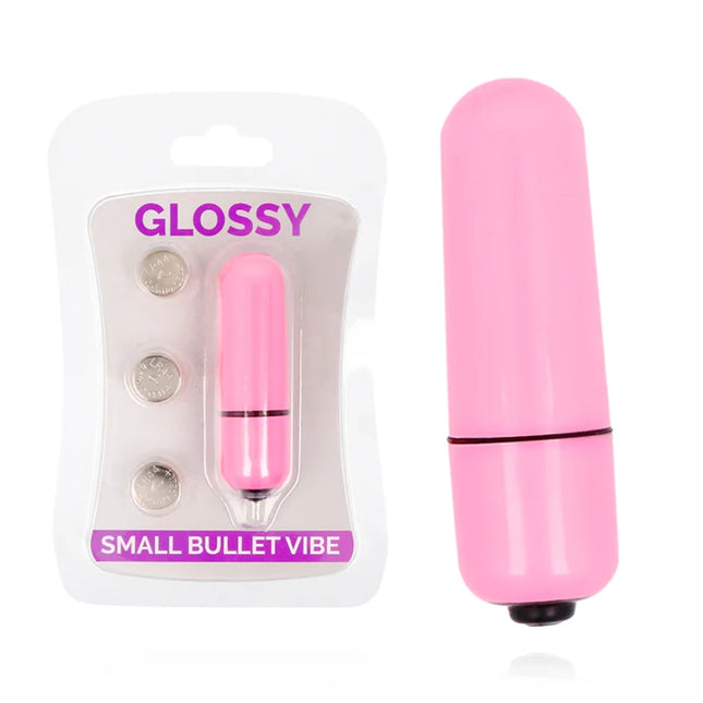 Glänzender kleiner bullet-vibrator aus rosa plastik mit schwarzem akzentband und basis im deep rose design