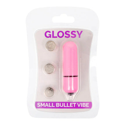 Glänzender kleiner bullet-vibrator aus pinkem kunststoff mit schwarzem ring und metallspitze im tiefrosa farbton