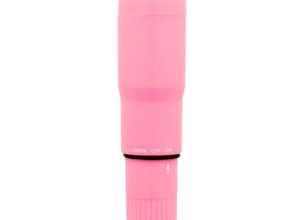 Glossy taschenvibrator rosa aus pinkem silikon mit abgerundetem kopf texturiertem griff und offen aus schalterband