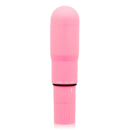 Glossy taschenvibrator rosa aus pinkem silikon mit abgerundetem kopf texturiertem griff und offen aus schalterband