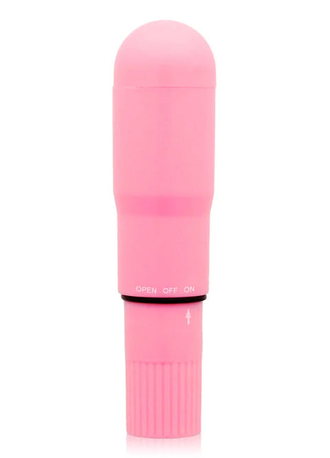 Glossy taschenvibrator rosa aus pinkem silikon mit abgerundetem kopf texturiertem griff und offen aus schalterband