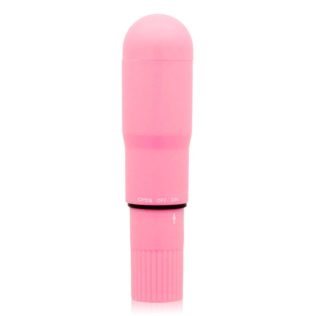 Glossy taschenvibrator rosa aus pinkem silikon mit abgerundetem kopf texturiertem griff und offen aus schalterband