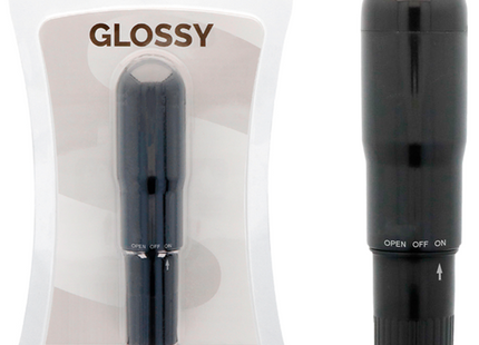 Glänzender schwarzer taschenvibrator glossy mit strukturiertem griff und offen aus schalter aus hochwertigem material