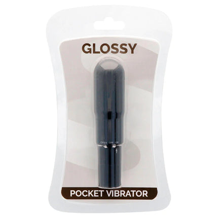 Schwarzer glänzender taschenvibrator aus plastik im klaren kunststoffverpackung mit glossy branding