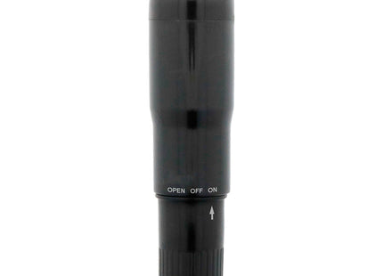 Schwarzer taschenvibrator glossy mit glänzendem finish und offen aus an schalter inklusive richtungspfeil
