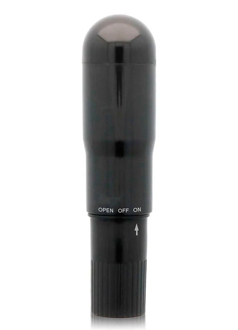 Schwarzer taschenvibrator glossy mit glänzendem finish und offen aus an schalter inklusive richtungspfeil