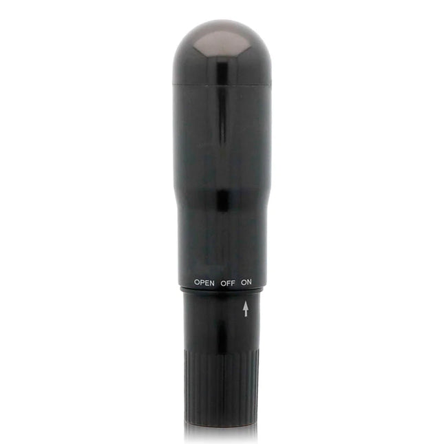 Schwarzer taschenvibrator glossy mit glänzendem finish und offen aus an schalter inklusive richtungspfeil