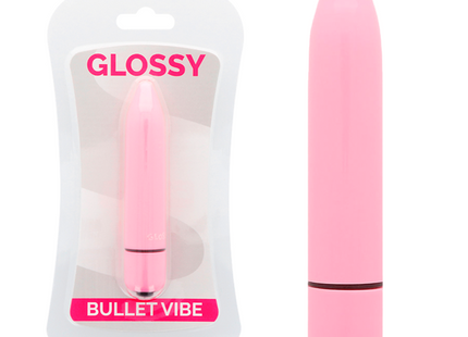Glänzender dünner bullet-vibrator in tiefrosa mit glatter oberfläche und dunklem band nahe der basis
