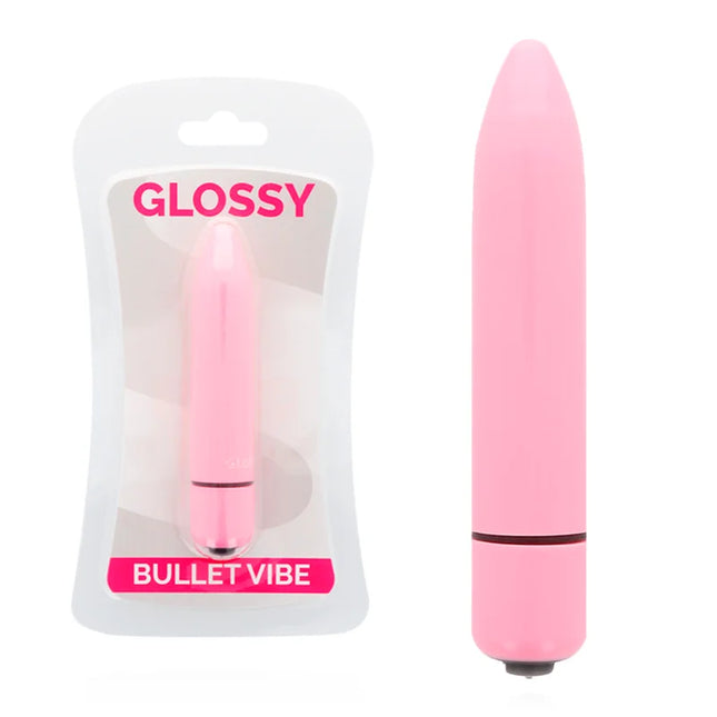 Glänzender dünner bullet-vibrator in tiefrosa mit glatter oberfläche und dunklem band nahe der basis